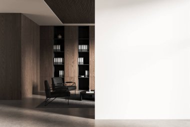 Ahşap raflar, sandalyeler ve poster veya afiş modelleme konsepti için sağ tarafında boş beyaz bir duvar bulunan modern ofis alanı, 3D