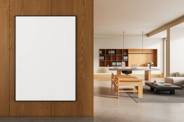 Modern ofisin içindeki ahşap duvarda boş poster şablonu parlak ışıklandırma, temiz düzen ve minimum mobilya. 3B Hazırlama