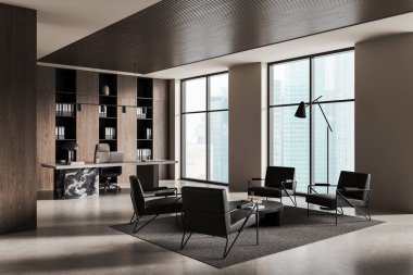 Parlak mobilyaları ve ahşap panelleri olan, şehir manzarasını gün ışığında gösteren büyük pencereli çağdaş yönetim bürosu. Modern çalışma alanı kavramı. 3B Hazırlama