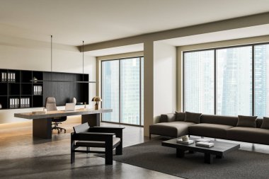Modern mobilya, minimalist tasarım tarzı, arka planda gökdelenleri gösteren geniş pencereli lüks ofis alanı. Profesyonel rahatlık kavramı. 3B Hazırlama