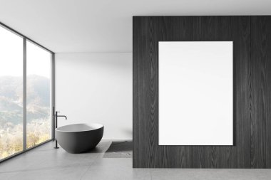 Boş dikey poster şablonu koyu ahşap duvara asgari banyo geniş pencere, beton zemin ve serbest küvet. 3B Hazırlama