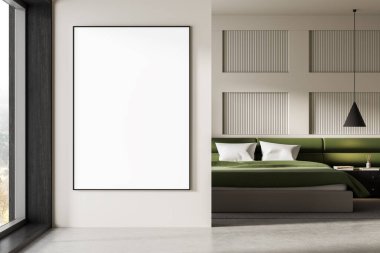 Modern yatak odasının içinde, yeşil yatak odası, desenli paneller ve kolye ışığı, yaratıcı tasarım konsepti, 3D canlandırma, boş poster modeli.