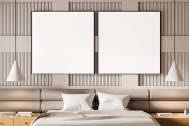 Minimalist yatak odasının iç kısmında, modern ahşap panelin üzerinde iki boş kare poster, sanatsal modelleme veya markalaştırma için temiz tasarım konsepti, 3D görüntüleme