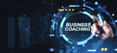 Elle dokunmalı fütüristik dijital arayüz iş koçluğu metni, modern grafik tarzı, karanlık soyut arkaplan, dijital danışmanlık kavramı