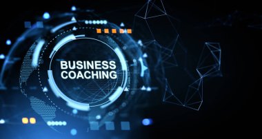 Karanlık bir arka planda parlak elementler ve ağ çizgileriyle fütürist dijital tarzda iş koçluğu arayüzü. Modern şirket stratejisi kavramı. 3B Hazırlama.