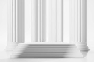 Beyaz klasik flütlü sütunlar ve geniş merdivenli yüksek podyum temiz minimalist çevre, otorite ve güç kavramı. 3B Hazırlama