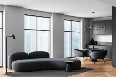 İçinde kavisli kanepe, yuvarlak sandalyeler ve ahşap pencereli, tarafsız tonlarda şık bir mutfak bulunan modern iç tasarım. 3B Hazırlama