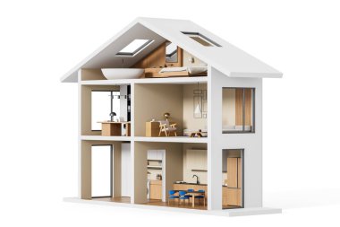 Detaylı iç döşemelere ve oda düzenine sahip modern bir minimalist evin çapraz bölümü, beyaz arka plan, mimari ve iç mimari planlama konsepti, 3D