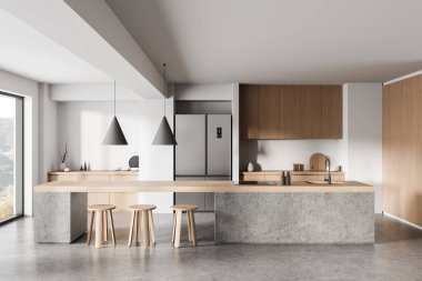 Tarafsız arka planda hafif ahşap dolaplar, beton ada ve minimalist tasarım kolye aydınlatma ile modern mutfak tasarımı. 3B Hazırlama