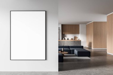 Modern iç mekanda beyaz duvarda boş bir poster şablonu, temiz bir düzen, ahşap dokular ve minimalist oturma odası dekoru. 3B Hazırlama