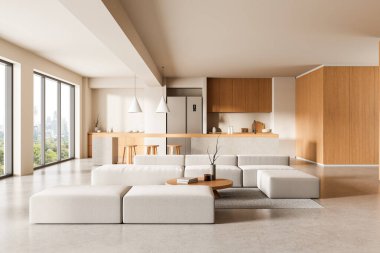 Tarafsız mobilyalar, minimalist stil, ahşap panel aksanları ve parlak gün ışığında geniş pencereli açık alan modern iç mekan. Samimi tasarım kavramı. 3B Hazırlama