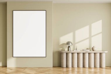 Modern iç mekanda boş poster modeli, temiz duvar, şık konsol masası, ve doğal ışıkta dekoratif eşyalar. Marka sunumu konsepti. 3B Hazırlama