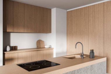 Ahşap dolaplar ve minimalist dekorlardan oluşan modern mutfak iç tasarımı, tarafsız bir arkaplanda temiz bir 3 boyutlu canlandırma tarzıyla tasarlandı.