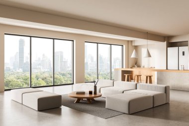 Tarafsız mobilyalar, ahşap aksanlar, panoramik cam pencereler ve şehir manzarası arka planıyla çağdaş oturma odası ve mutfak. 3B Hazırlama