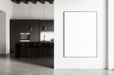 Temiz beyaz duvara boş bir poster modeli asgari mobilya ve parlak ışıklandırmayla modern mutfak içinde. 3B Hazırlama