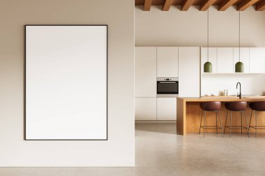 Boş çerçeveli poster modeli bej duvarda parlak modern mutfak iç mimarisi ahşap ada, kolye ışıkları ve temiz tasarım. 3B Hazırlama
