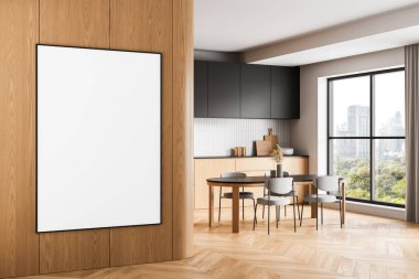 Ahşap duvarda dikey boş poster modeli, parlak modern mutfak içi, şehir manzaralı geniş pencere, temiz tasarım konsepti. 3B Hazırlama