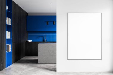 Mavi aksanlı modern mutfak tasarımı, parlak tasarım elementleri ve temiz beyaz bir duvarda boş dikey poster modeli. 3B Hazırlama