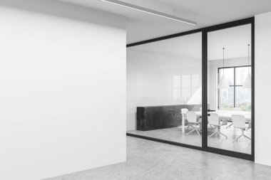 Minimalist ofis içi büyük beyaz duvar ve cam duvarlı toplantı odası, doğal ışık, temiz düzen, poster görüntüsü konsepti. 3B Hazırlama