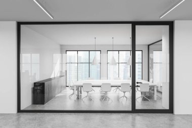 Beyaz sandalyeli ve masalı modern ofis konferans odası, minimalist stil, cam duvar arka planı, kurumsal çalışma alanı kavramı. 3B Hazırlama