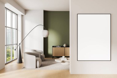 Beyaz duvarda boş bir poster çerçevesi var. Şık iç mimari koltuklar, yeşil aksan duvarlar, yumuşak doğal ışık ve ahşap dekorlar. Sunum kavramı. 3B Hazırlama