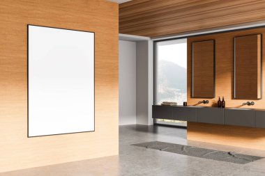 Modern banyo içinde ahşap duvarda çerçevelenmiş boş poster çift lavabo kibri, beton zemin ve panoramik pencere, 3 boyutlu oluşturma