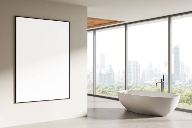 Modern banyo küveti, geniş pencereler, şehir manzarası, 3D görüntüleme, temiz duvarda boş poster çerçevesi, modern serbest banyo küveti.