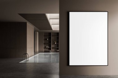 Kapalı havuzu, ahşap dokuları ve arka planda rafları olan zarif modern iç dekorasyonda boş poster modeli. Yaratıcı markalaşma görüntüsü için 3B oluşturma