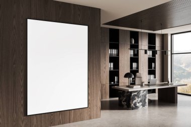Modern ofis içinde ahşap duvarda boş çerçeveli poster şablonu açık raf, beton zemin ve büyük pencerelerden güneş ışığı. 3B Hazırlama