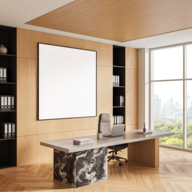 Minimalist ofis içi. Ahşap duvarda, mermer masada ve pencereden şehir manzarası olan boş kare poster modeli. 3B Hazırlama