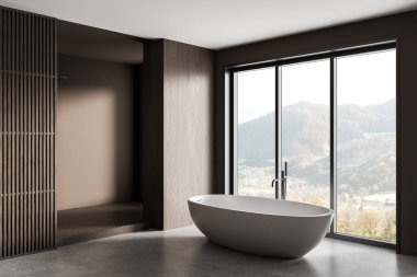 Çağdaş banyo içi gösterişli beyaz serbest banyo küveti, minimalist tasarım, büyük cam pencere, dağ manzarası, 3D görüntüleme