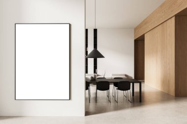 Beyaz duvardaki boş çerçeveli poster modeli modern yemek düzeneği, ahşap aksanlı ve parlak atmosferli temiz minimalist iç mekan. 3B Hazırlama