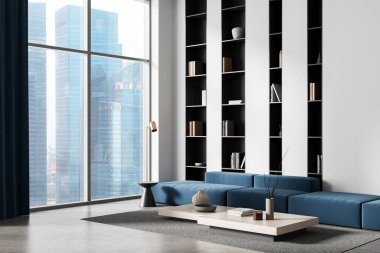 Mavi modüler kanepe, dahili raf, minimalist dekor ve büyük pencerenin önünde kahve masası. 3B Hazırlama