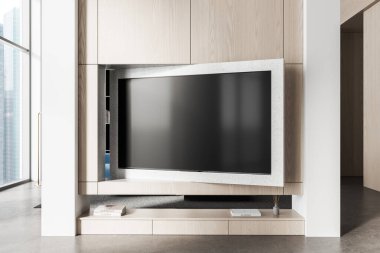 Geniş ekran televizyonu olan modern oturma odası. Açık ahşap paneller ve taş çerçeveli. Beton zemin minimalist döşenmiş. 3B Hazırlama