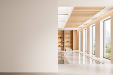 İçinde, ahşap aksanlı, parlak pencereli, temiz tasarım konsepti olan modern bir kapalı havuzun yanında poster modelleri için boş bir duvar bulunan minimalist iç mekan. 3B Hazırlama