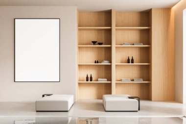 Işık duvarında boş dikey posteri olan minimalist bir salon, ahşap açık raflar ve düşük koltuklu, modern temiz iç mekan konsepti. 3B Hazırlama