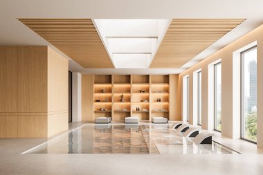 Kapalı havuzlu çağdaş iç tasarım, ahşap raflar ve kaplanmış tavan, minimalist oturma, büyük pencereler, parlak bir ortam. 3B Hazırlama