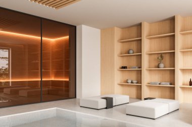 Hafif ahşap rafları, minimum mobilyaları ve temiz beton arka planda, camın arkasında sıcak ışıklandırılmış saunası olan kaplıca. 3B Hazırlama