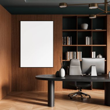 Boş poster şablonu ahşap duvara asılı şık ofis içinde masa, sandalye ve kitaplıklar, tasarım konsepti için temiz bir düzen. 3B Hazırlama