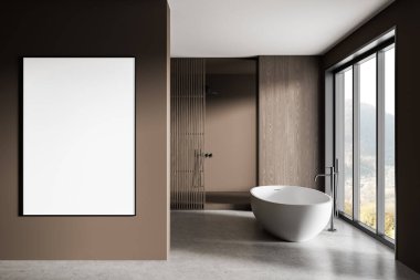 Çağdaş banyo içi, kahverengi duvarında boş dikey poster, temiz bir düzen, beyaz küvet, parlak bir çevrede geniş bir pencere. 3B Hazırlama