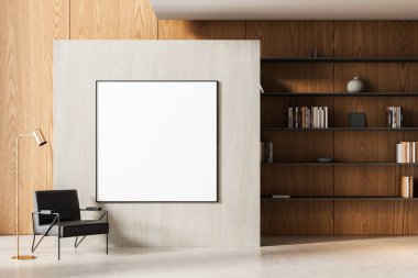 Modern iç mekanda boş poster modeli, tahta duvar, sandalye ve kitaplıklar, tarafsız arkaplanda temiz tasarım konsepti şablonu. 3B Hazırlama