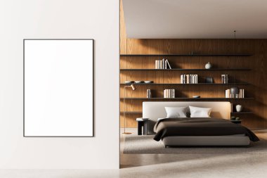 Modern yatak odasının iç dekorunda beyaz çerçeveli poster, minimalist stil, kitap raflı ahşap zemin, temiz düzen kavramı. 3B Hazırlama