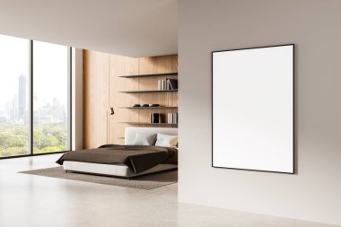 Temiz modern yatak odasındaki bej duvarda boş dikey poster modeli. Ahşap elementler ve şehir manzarası var. İç tasarım konsepti. 3B Hazırlama