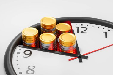 Saat yüzüne gömülü altın para yığınları gerçekçi detaylar ve beyaz arka planda yumuşak gölgeler. Zaman kavramı finansal değere eşittir. 3B Hazırlama
