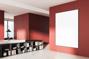 Kırmızı bir duvara çerçevelenmiş büyük boş bir poster modeli, minimalist raf ve temiz bir çevre ile çağdaş mutfak iç mimarisi. 3B Hazırlama