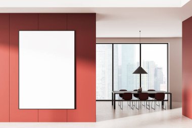 Modern yemek odasındaki kırmızı duvarda panoramik pencereli ve şehir manzaralı büyük boş poster, 3B rendelemeli temiz düzen kavramı