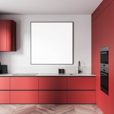 Çağdaş kırmızı mutfak iç dekorasyonu temiz, tezgahın üstündeki beyaz duvarda boş kare poster modeli var. 3B Hazırlama