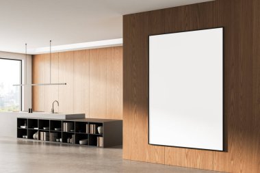 Çağdaş mutfak iç mimarisi ahşap duvarda büyük boş çerçeveli poster modeliyle, en az tasarım temiz düzenle, 3D görüntüleme