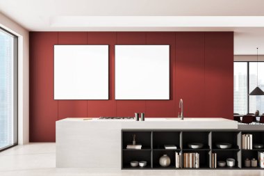 Kırmızı bir duvarda iki boş çerçeveli posterli çağdaş mutfak, minimalist tasarım düzeni, beyaz ada tezgahı, 3 boyutlu tasarım, konsept modelleme alanı