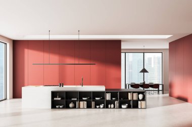 Çağdaş mutfak, parlak kırmızı duvarlar, minimalist mobilyalar ve şehir manzaralı arka plan. Kentsel yaşam ve iç tasarım kavramı. 3B Hazırlama